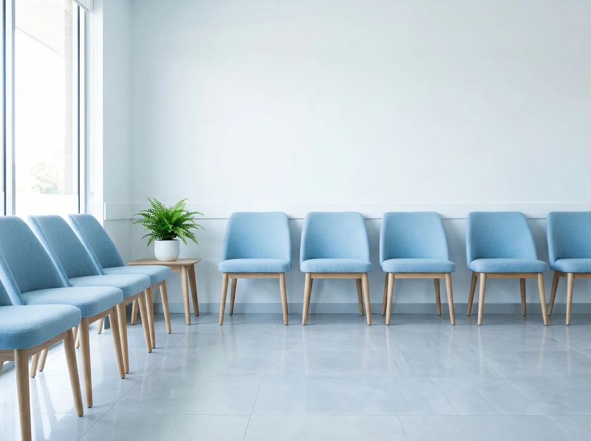 Hygienisch gereinigtes Wartezimmer mit hellblauen Stühlen