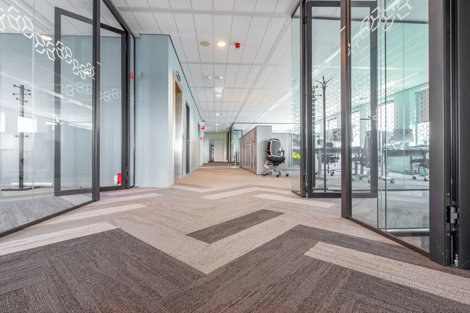 Glastüren und Glaswände im Büro streifenfrei reinigen Raumhohe Glastrennwände mit mattiertem Muster in einem modernen Bürokorridor