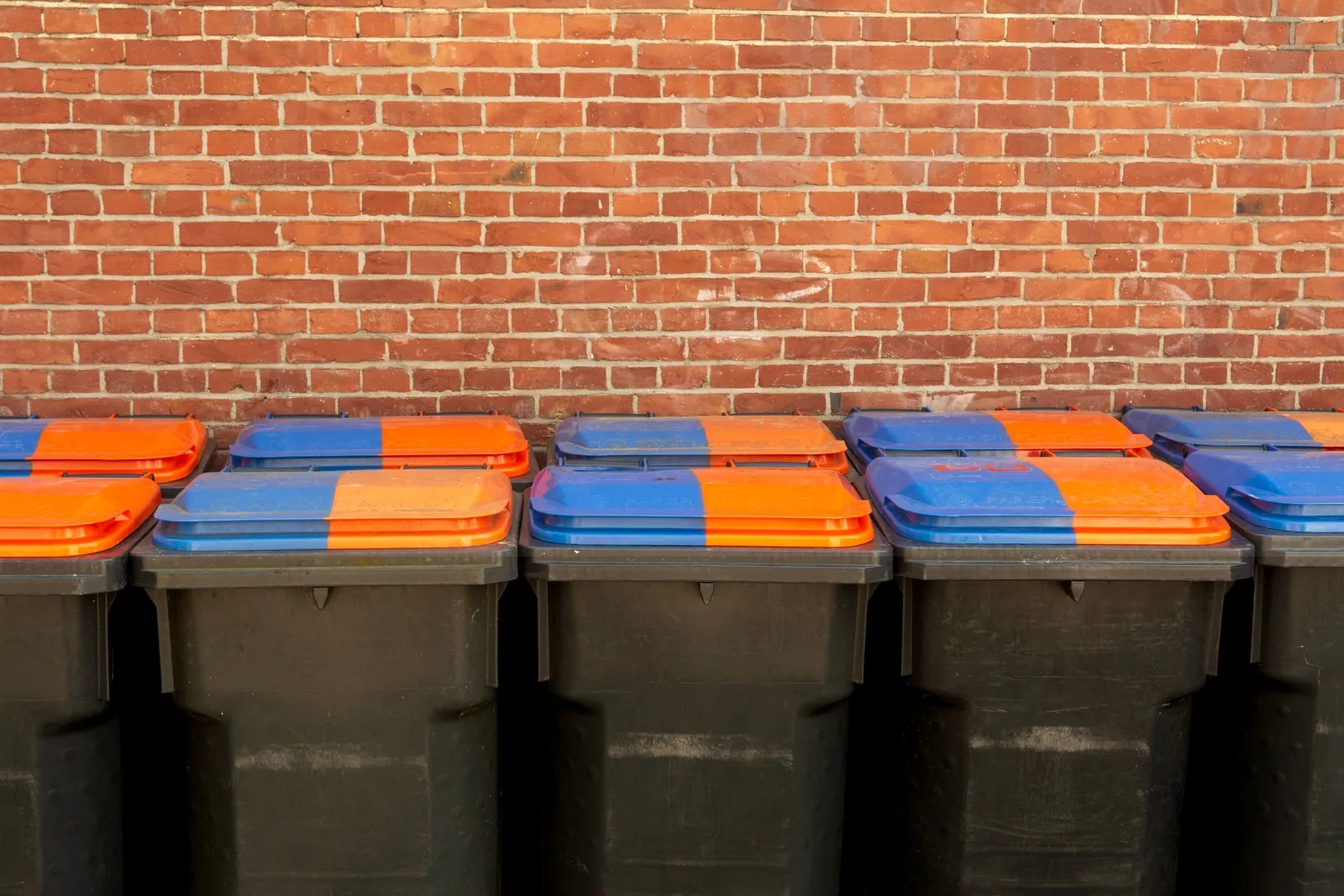 Müllstandplatz sauber halten: Pflicht und Praxis Reihe schwarzer Mülltonnen mit blau und orange geteilten Deckeln vor einer roten Backsteinwand